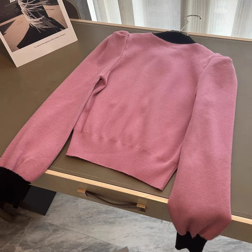 Load image into Gallery viewer, Hit Color Half High Collar Bowknot Puff Sleeve Knitwear Sweater Women Autumn Winter New Knitted Pullovers Sueter Mujer  C-292
