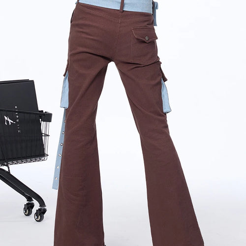Load image into Gallery viewer, Colorblock Patchwork Pockets Cargo Flare Denim Pants For Women High Waist Spliced Belts Streetwear Jeans Female
