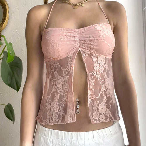 Load image into Gallery viewer, Backless Pink Hotsweet Summer Sexy Lace Camisole Halter Top Transparent Hot Y2K Tie-Up Split Party Cute Coquette Tops
