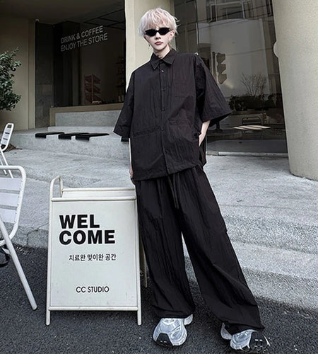 Summer Men's Two-piece Set Wrinkled Short Sleeve Single Breasted Shirt Male Casual Elastic Waist Pants New Male Suit 9W1491