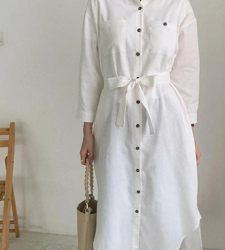 Spring Women Beige Long Sleeve Pocket Lace-up Shirt White Loose Turn Down Collar Cotton Single Breasted Blouses Casual Clothing