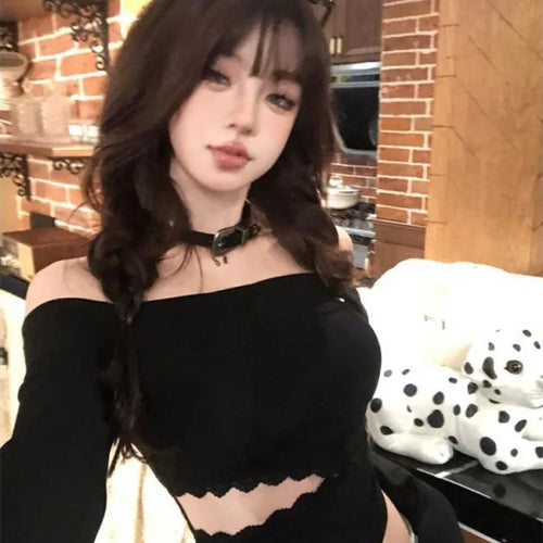 Load image into Gallery viewer, 2025 Hollow Out Lace Patchwork Tshirts Y2k Aesthetic Slash Neck Grunge T-shirt Harajuku Autumn Irregular Vintage Tops Streetwear
