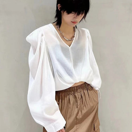 Load image into Gallery viewer, Solid Minimalist Blouses For Women V Neck Puff Sleeve Loose Temperament Shirts Female Fashion Style Clothing
