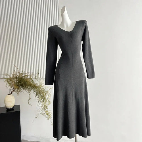 Load image into Gallery viewer, French Women's Autumn Winter Elegant Slim Knitted Sweater Dress Solid V-neck Long Sleeved Office Dress Fashion Simplicity Trendy
