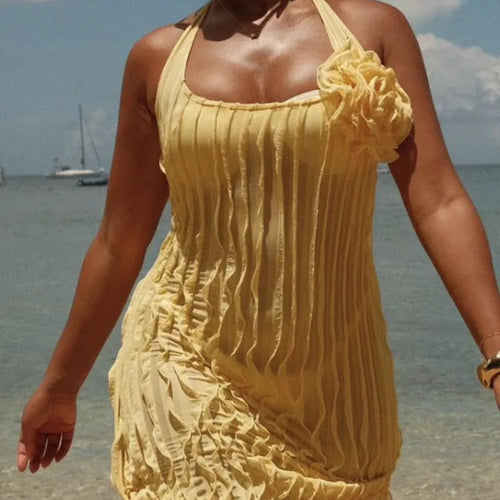 Load image into Gallery viewer, Halter Floral Pleated Sexy Mini Dress For Women Robe Fashion Sleeveless Backless Draped Club Party Dress Elegant
