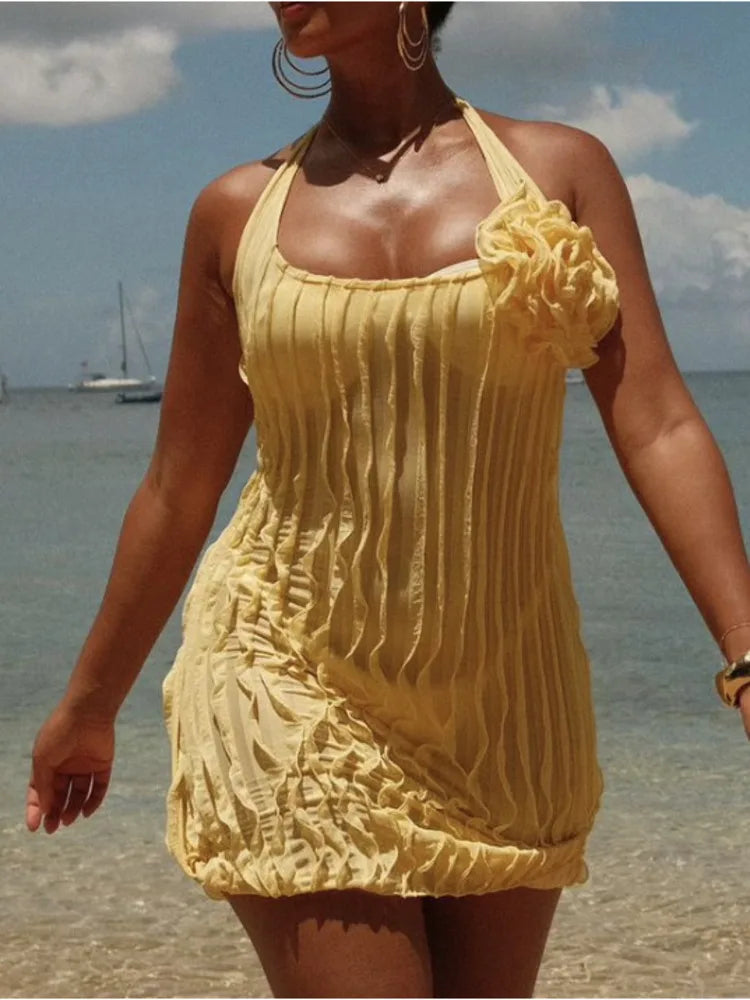 Halter Floral Pleated Sexy Mini Dress For Women Robe Fashion Sleeveless Backless Draped Club Party Dress Elegant