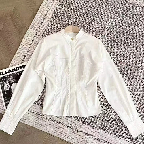 Load image into Gallery viewer, Solid Slimming Spliced Button Fashion Shirts for Women Round Neck Long Sleeves Tunic Patchwork Lace Up Shirt Female
