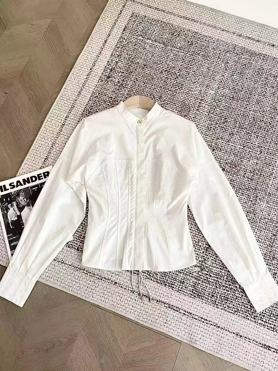 Solid Slimming Spliced Button Fashion Shirts for Women Round Neck Long Sleeves Tunic Patchwork Lace Up Shirt Female