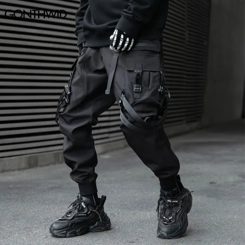 Men Cargo Harem Pants Streetwear Hip Hop Size Ribbon Multi-Pockets Baggy Joggers Autumn Harajuku Casual Loose Trousers Black
