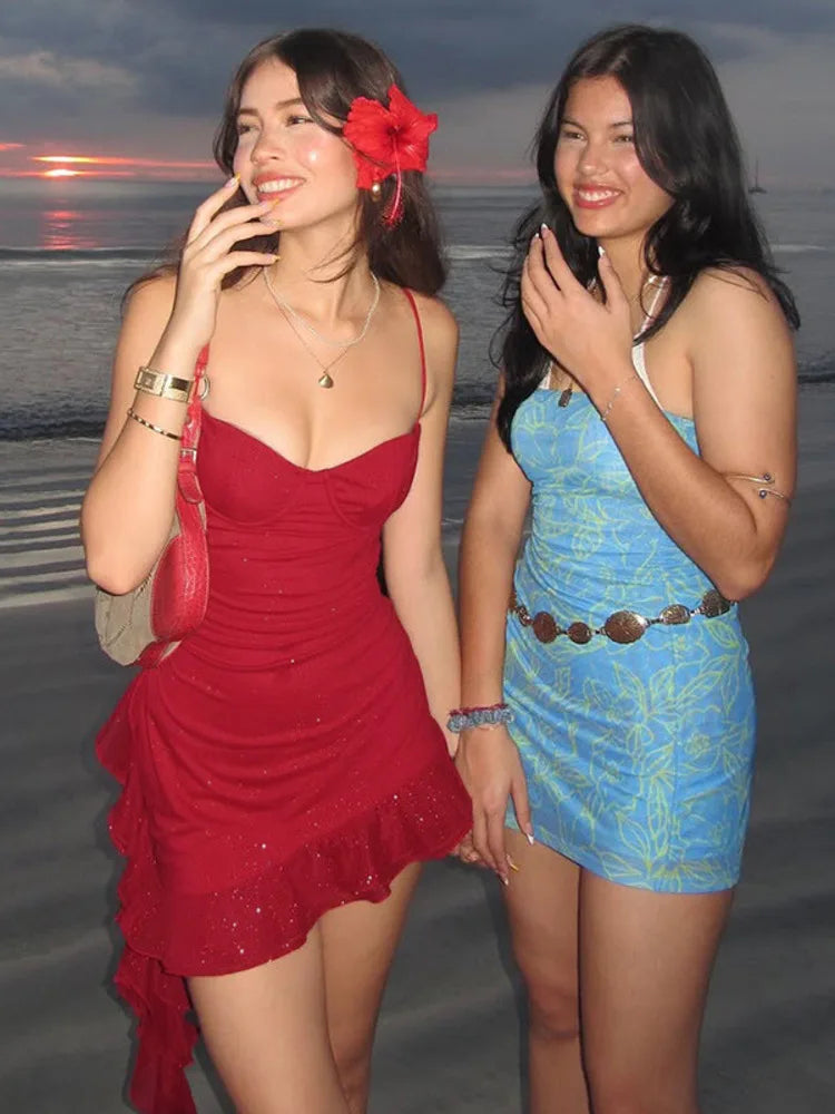 Spaghetti Strap Ruffled Sexy Mini Dress For Women Red Fashion Sleeveless Backless High Waist A-line Club Party Dress