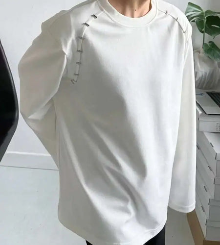 Women White Shouder Padded Big Size T-shirt New Round Neck Long Sleeve  Loose Fit Tees Fashion Spring Autumn 2025 1DH2633