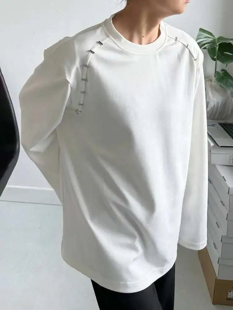 Women White Shouder Padded Big Size T-shirt New Round Neck Long Sleeve  Loose Fit Tees Fashion Spring Autumn 2025 1DH2633