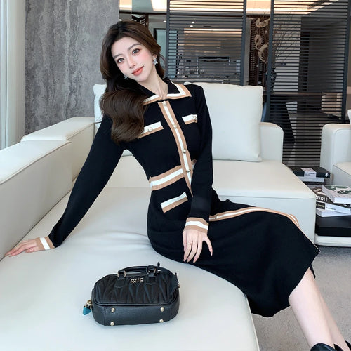Load image into Gallery viewer, Autumn Winter French Black Patchwork Striped Long Sleeves Knitted Dresses Women's Elegant Single Breasted Holiday Wrap Hip Dress
