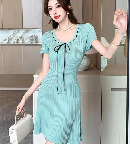 Korean Women's Black Beige Round Neck Knitted Office Lady Short Sleeve Mini Dress Summer Green Lace-up Short Dresses Simplicity