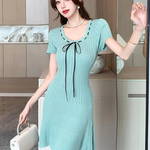 Load image into Gallery viewer, Korean Women's Black Beige Round Neck Knitted Office Lady Short Sleeve Mini Dress Summer Green Lace-up Short Dresses Simplicity
