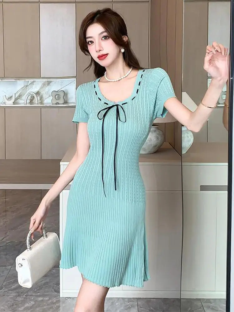 Korean Women's Black Beige Round Neck Knitted Office Lady Short Sleeve Mini Dress Summer Green Lace-up Short Dresses Simplicity