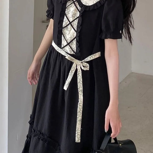 Load image into Gallery viewer, Kawaii Lolita School Dress Soft Sweet Preppy Japanese Student Ruffles Black Puff Sleeve Party Midi Dresses Autumn
