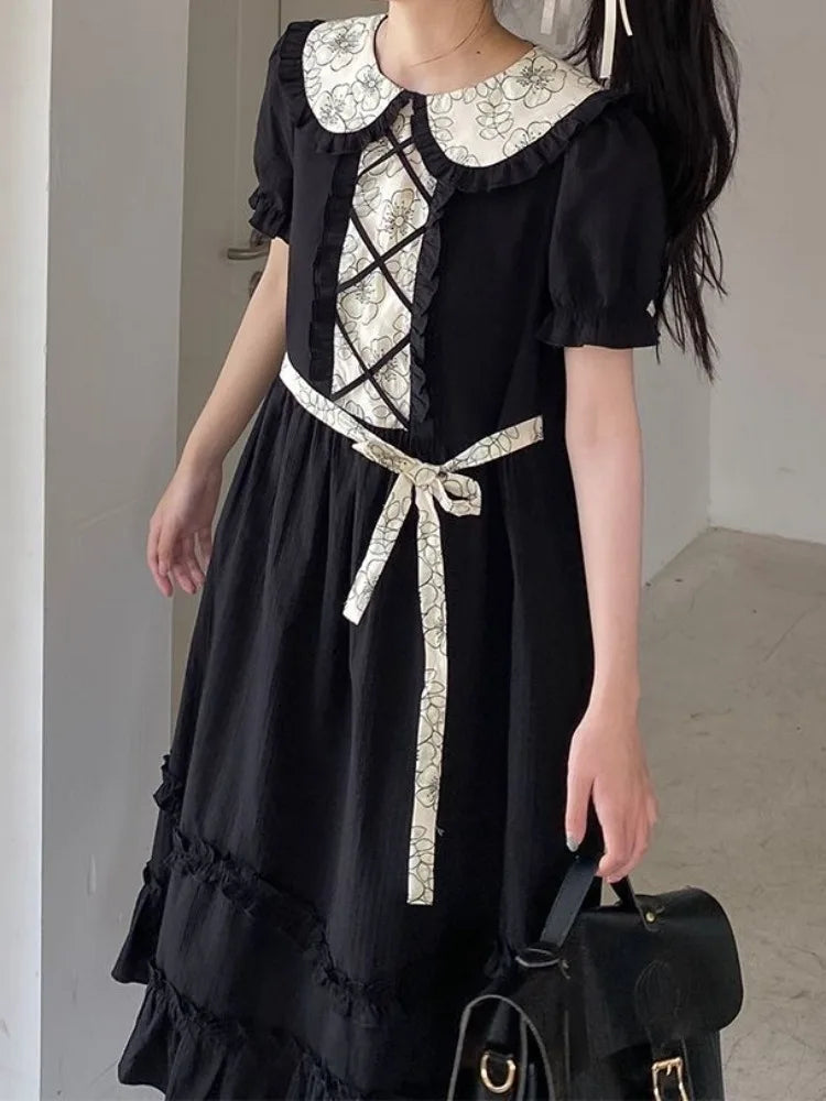 Kawaii Lolita School Dress Soft Sweet Preppy Japanese Student Ruffles Black Puff Sleeve Party Midi Dresses Autumn