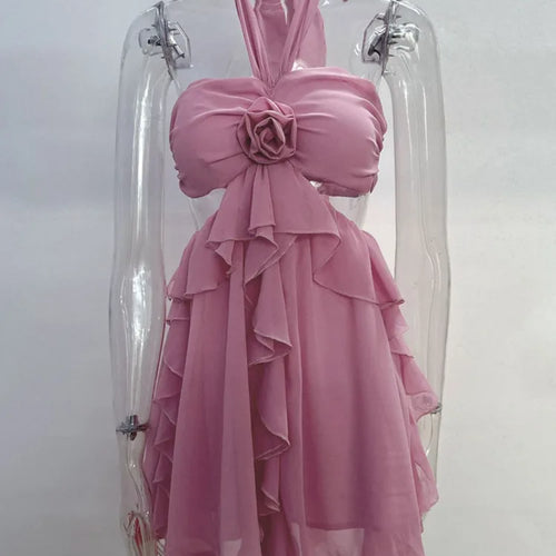 Load image into Gallery viewer, Rose Halter Backless Sexy Mini Dress Women Pink Off-shoulder Strapless Sleeveless High Waist Club Party Beach Dress
