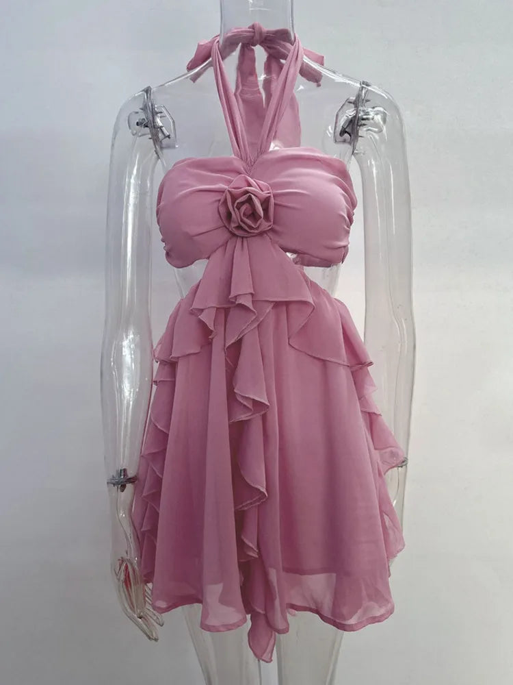 Rose Halter Backless Sexy Mini Dress Women Pink Off-shoulder Strapless Sleeveless High Waist Club Party Beach Dress