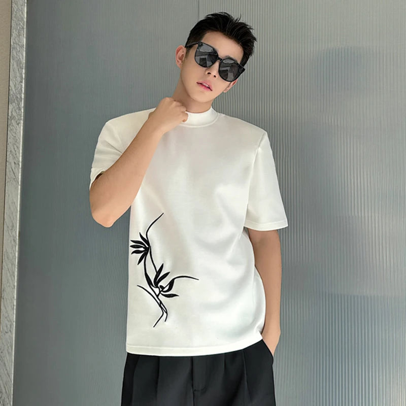 Men T-shirt Chinese Embroidered Half High Neck Slim Fit Bottom Top Short Sleeve Male T-shirts Spring Summer 9C5121