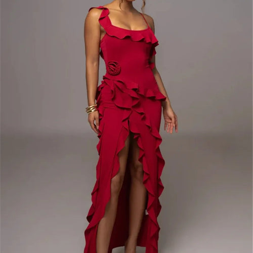 Load image into Gallery viewer, Elegant Ruffle Sexy Maxi Dress Women Spaghetti Strap Flower Sleeveless Backless High Split Club Party Evening Dress
