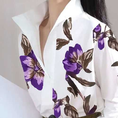 Load image into Gallery viewer, Summer Spring Casual White Shirts for Women Long Sleeves Urban Elegant Stand Collar Woman Flower Print Blouse Tops
