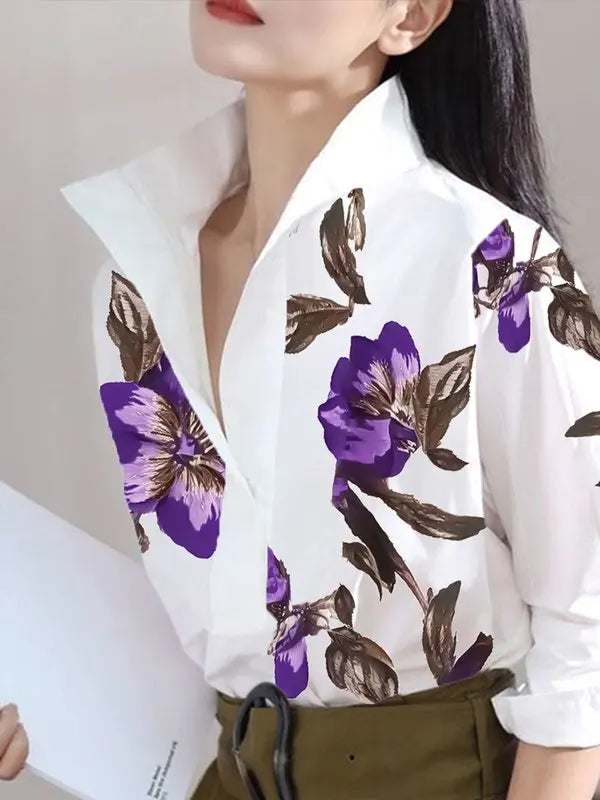 Summer Spring Casual White Shirts for Women Long Sleeves Urban Elegant Stand Collar Woman Flower Print Blouse Tops