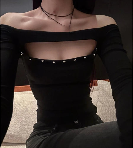 Y2k Aesthetic Women Sexy Hollow Out Rivet T-shirt Vintage Solid Streetwear Grunge Tshirts Harajuku Vintage Slash Neck Tees Femme