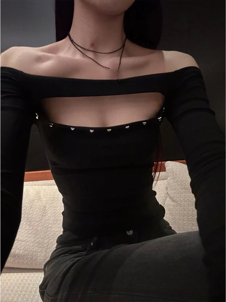 Y2k Aesthetic Women Sexy Hollow Out Rivet T-shirt Vintage Solid Streetwear Grunge Tshirts Harajuku Vintage Slash Neck Tees Femme