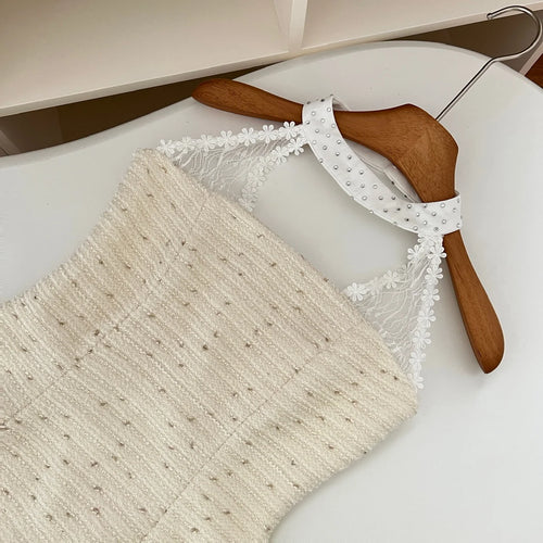 Load image into Gallery viewer, Summer Women Beige Sleeveless Temperament Hollow Out Halter Short Dress French Vintage Elegant Festival Backless Chic Mini Dress
