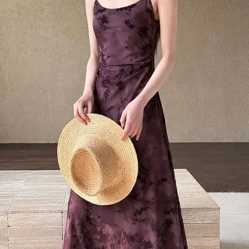 Load image into Gallery viewer, Women Brown Printed Vintage Long Spaghetti Strap Dress New Round Neck Sleeveless Fashion Tide Spring Summer 2025 1DJ0289
