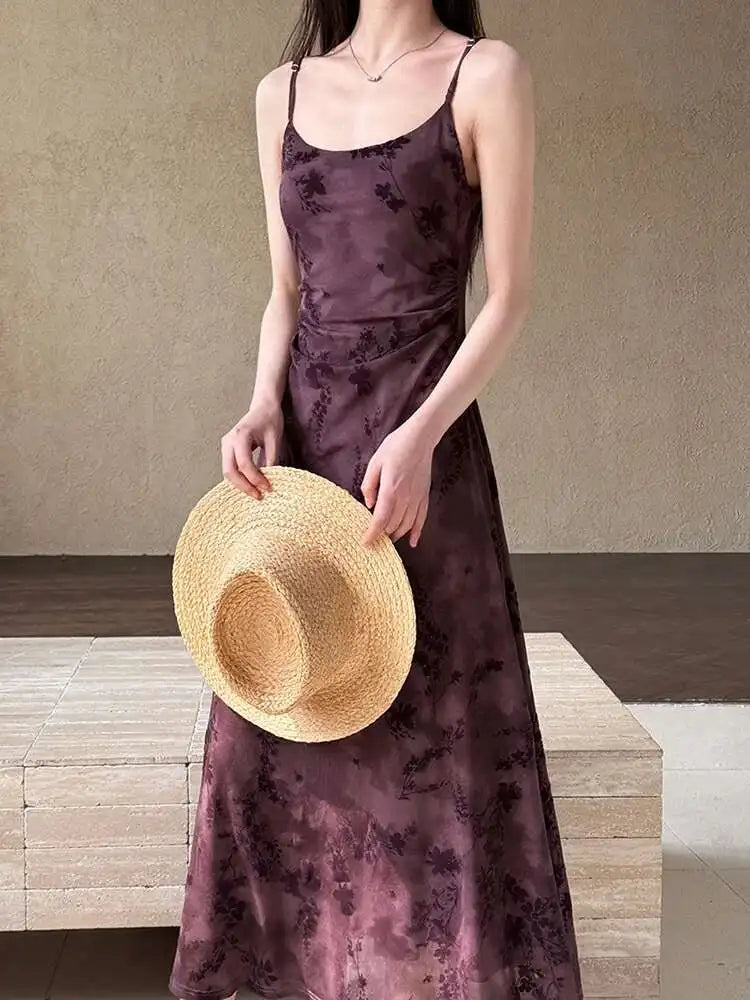 Women Brown Printed Vintage Long Spaghetti Strap Dress New Round Neck Sleeveless Fashion Tide Spring Summer 2025 1DJ0289