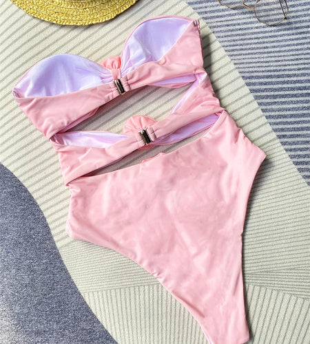 Bandeau One Piece Swimsuit Women 2024 Sexy 3D Flower  Swimwear Cut Out Bathing Suit for Women High Waist Monokini