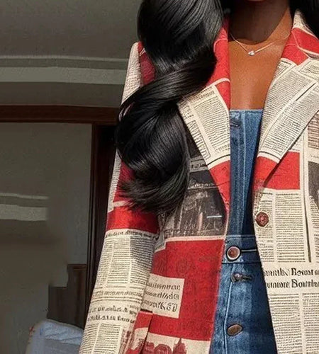 Autumn Winter Coat Jackets for Women Newspaper Print Pattern Notched Collar Streetwear Female Long Blazer Outerwear