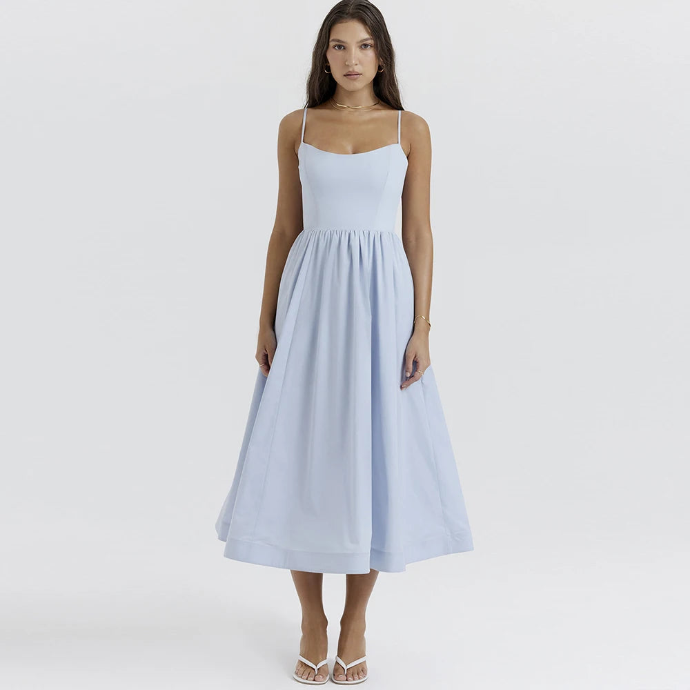 Summer White Midi Beach Dress Elegant Spagehtti Strap A Line Wedding Guest Dress Casual Women Clothing 2023