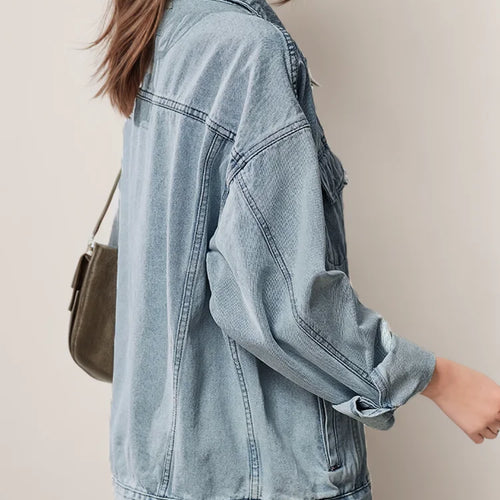 Load image into Gallery viewer, Solid Patchwork Pockets Casual Denim Jackets For Women Lapel Long Sleeve Spliced Button Minimalist Loose Jacket Female
