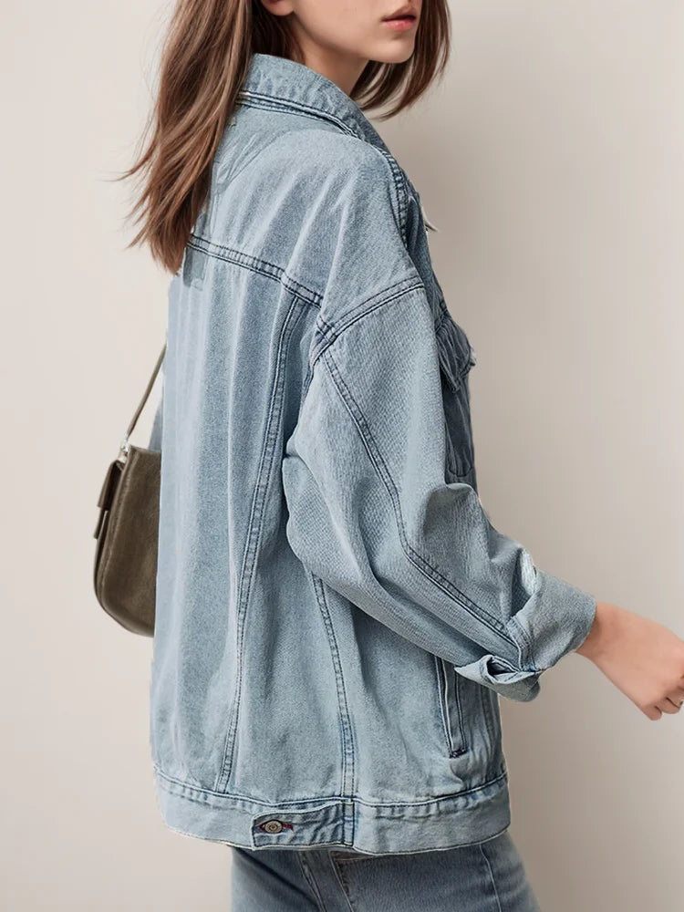 Solid Patchwork Pockets Casual Denim Jackets For Women Lapel Long Sleeve Spliced Button Minimalist Loose Jacket Female