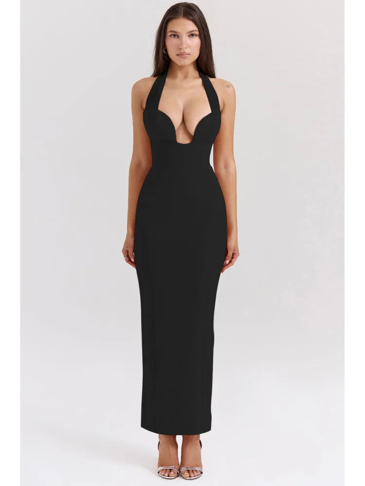 Sexy Sleeveless Mesh Patchwork Bodycon Long Dress Women's Elegant Backless Split Tight Party Club Evening Dress 2024