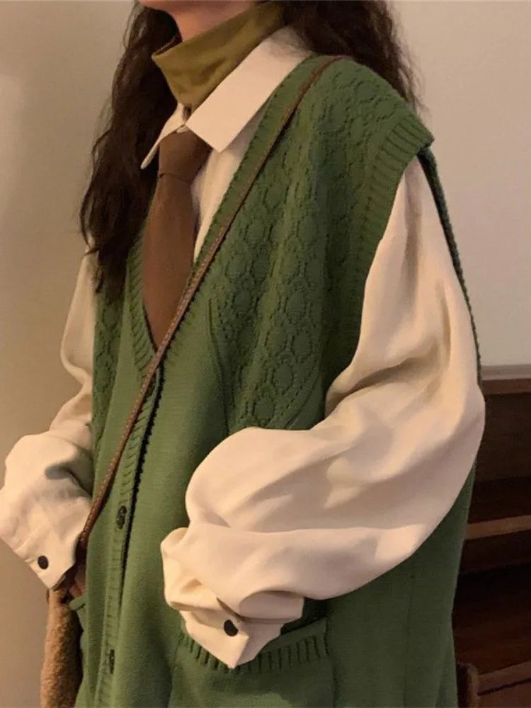 Autumn Grunge Loose Knitted Women's Tanks Casual All Match Sleeveless Pullovers Y2k Aesthetic Harajuku Streetwear Sweater Vest