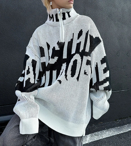 Letter Half Zipper Sweater Men Women Winter American Trendy Streetwear Casual Loose Knitted Sweaters Pullover 9C9255