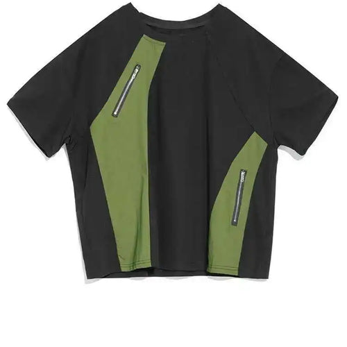 Load image into Gallery viewer, Women Black Green Color-block Big Size Zipper T-shirt New Round Neck Short Sleeve Fashion Tide Spring Summer 2025 1DH5062
