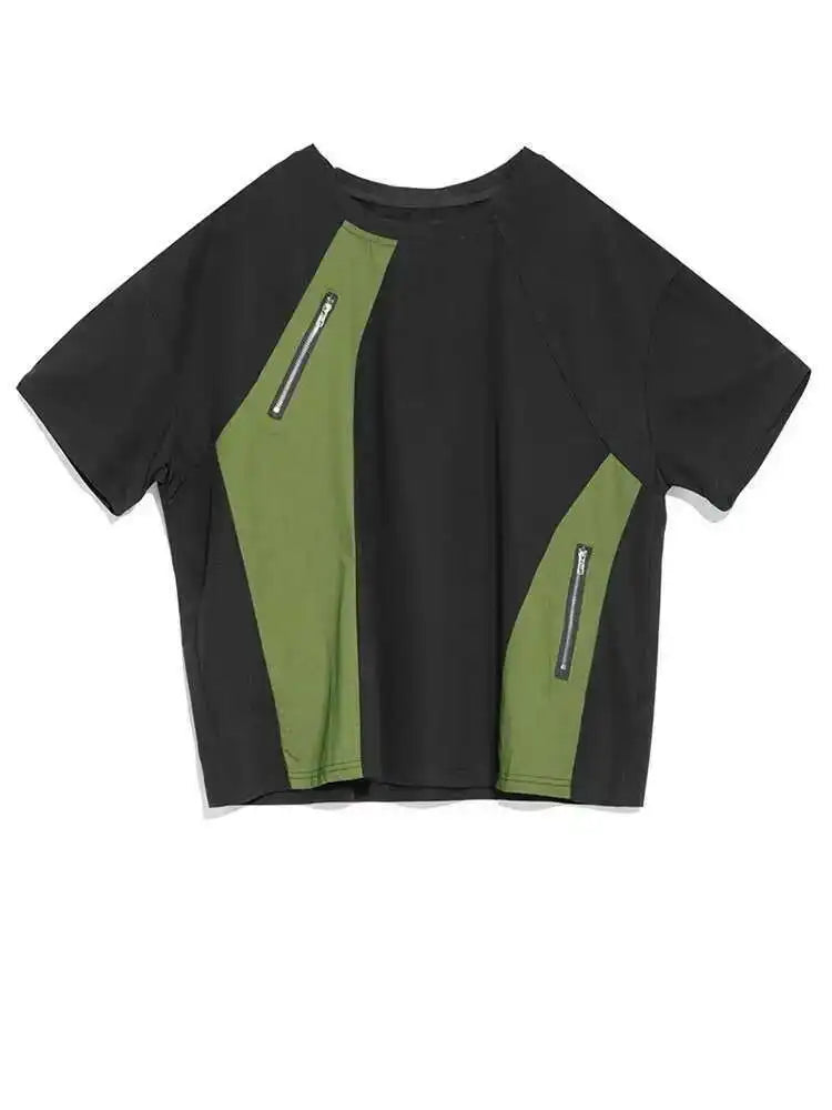 Women Black Green Color-block Big Size Zipper T-shirt New Round Neck Short Sleeve Fashion Tide Spring Summer 2025 1DH5062