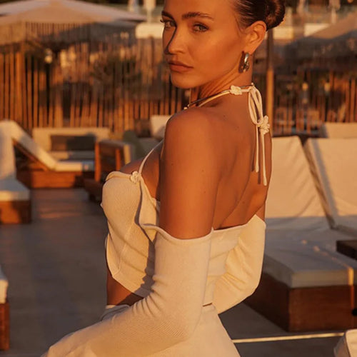 Load image into Gallery viewer, Sexy Flower Knitted Beach Bikini Set For Women Long Sleeved Skirt Strapless Female Swimsuit Cover Up Sun Protection Set
