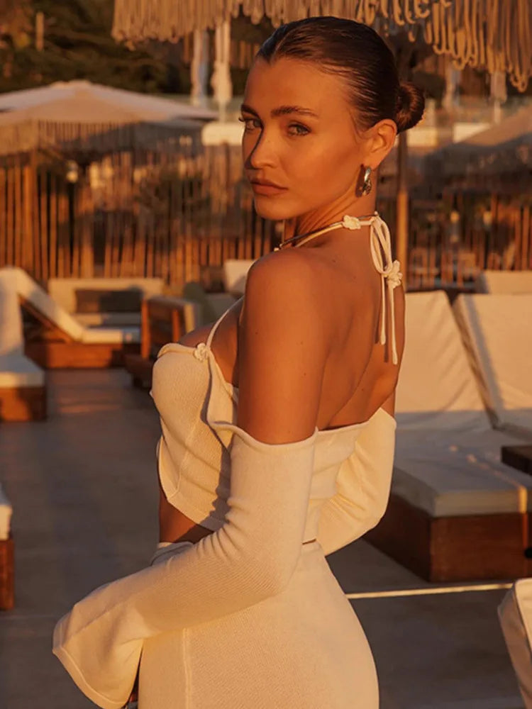 Sexy Flower Knitted Beach Bikini Set For Women Long Sleeved Skirt Strapless Female Swimsuit Cover Up Sun Protection Set