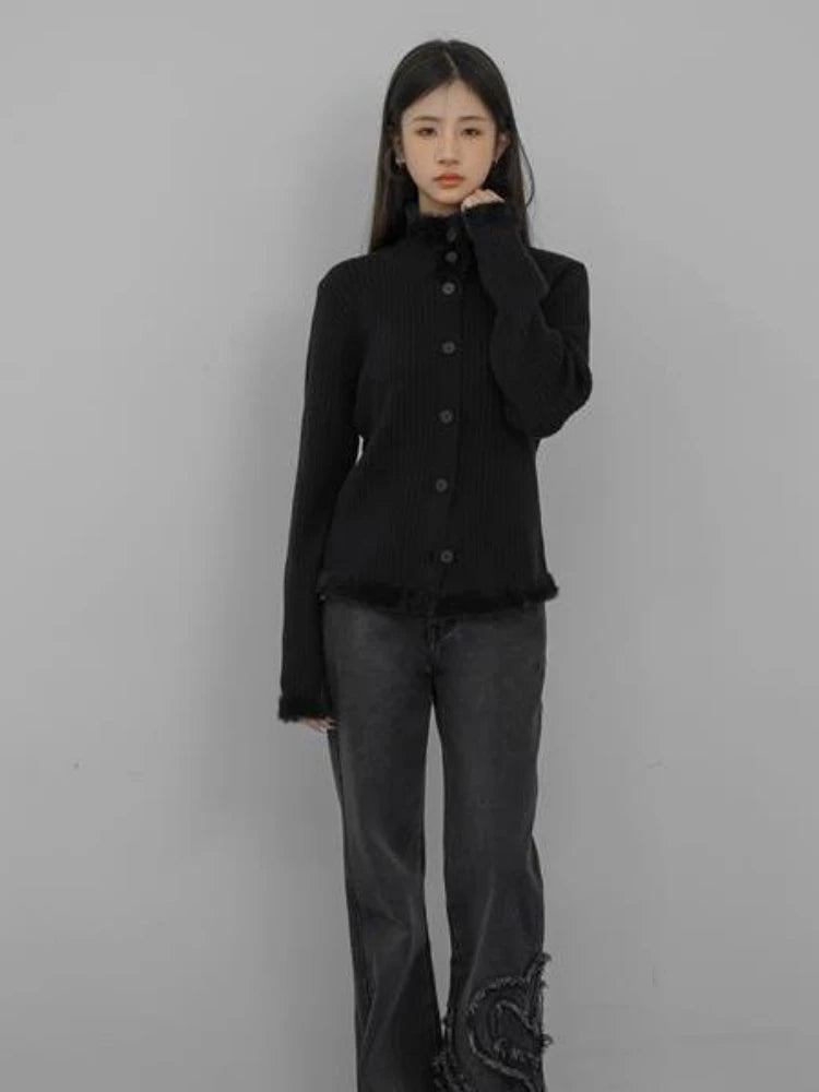 Y2k Aesthetic Fur Patchwork Casual Cardigan Streetwear Stand Neck Vintage Grunge Tops Autumn Single Breasted Harajuku Sweater