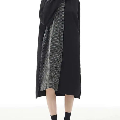 Load image into Gallery viewer, Women Black Color-block Big Size Midi Shirt Dress New Lapel Long Sleeve Loose Fit Fashion Tide Spring Autumn 2025 1DH2095
