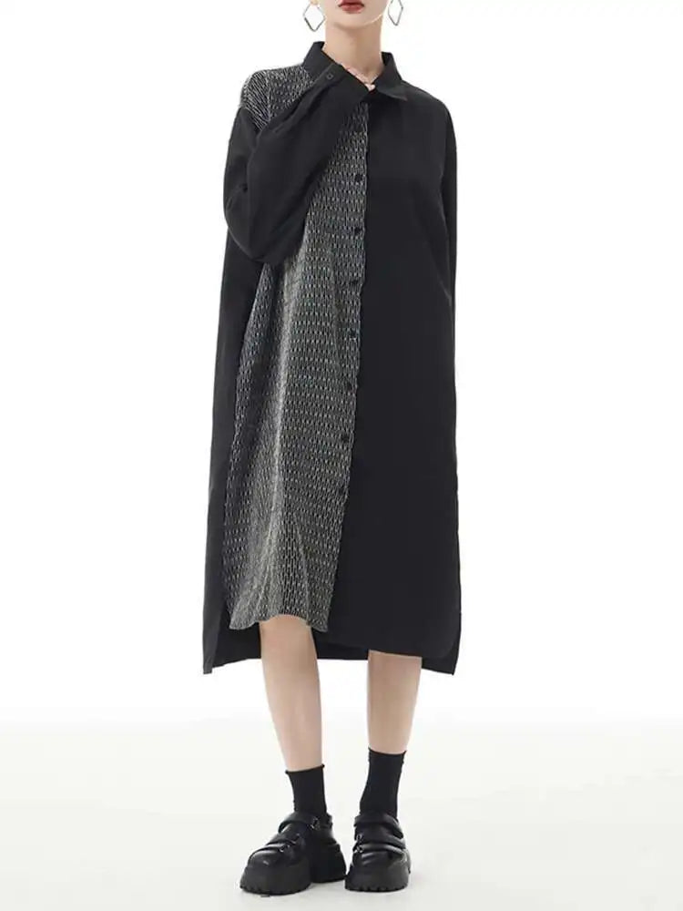 Women Black Color-block Big Size Midi Shirt Dress New Lapel Long Sleeve Loose Fit Fashion Tide Spring Autumn 2025 1DH2095