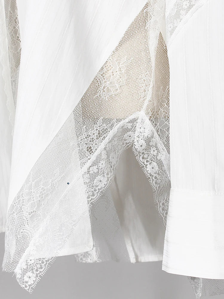 Women White Striped Lace Hollow Out Big Size Blouse New Lapel Long Sleeve Shirt Fashion Tide Spring Autumn 2025 7AB9277