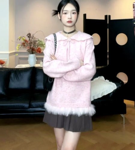 Y2k Aesthetic Women Sweet Fur Patchwork Sweaters Grunge Sailor Collar Bandage Jumpers Loose Knitted Harajuku Pullovers Female